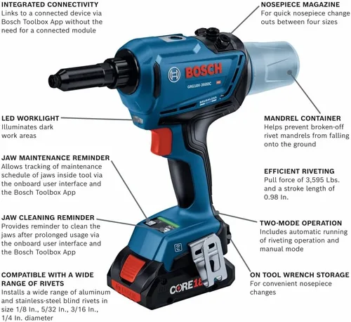 Vista 2 de Bosch GRG18V-3600CB24 Kit de herramientas de remache conectadas sin escobillas de 18 V con (2) baterías de alimentación avanzada CORE18V® de 4 Ah