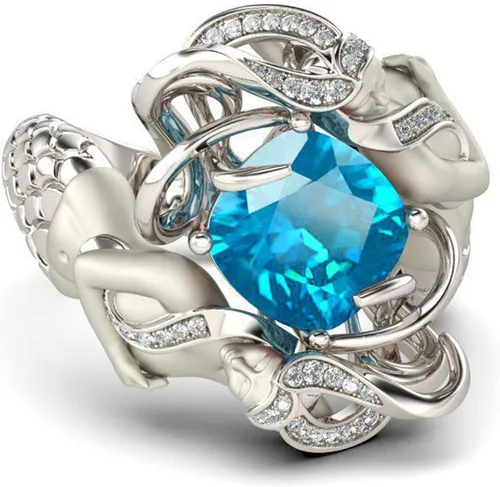 Vista 2 de Jeulia Anillo de sirena de plata de ley con diamantes de imitación de corte redondo y diseño de cuento de hadas, elegante anillo de compromiso
