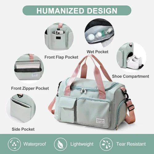 Vista 5 de Bolsa de Gimnasio Pequeña para Mujer, Bolsa de Lona de Viaje, Bolsa de Fin de Semana con Compartimento para Zapatos