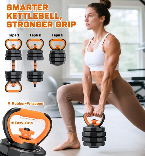 Vista 6 de 5-in-1 Adjustable Dumbbell Set, 33/44/66/88lbs Free Weights Set with Connector, Used as Kettlebells, Barbell, Push up Stand, Standard 1" Plates