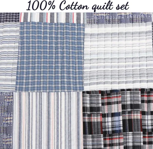 Vista 6 de Juego de ropa de cama de algodón con retazos reales a rayas azul marino, colcha reversible, colcha (Denim, Queen, 3 piezas)