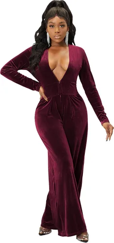 Vista 5 de LightlyKiss Women Casual Sexy V Neck Sparkly Jumpsuits Long Sleeve Onesie Loose Pants Party Clubwear with Belt