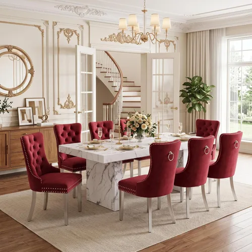 Vista 11 de Ebullient 79" White Dining Table Set for 8, Faux Marble Table & 8 Chairs Cream Chairs