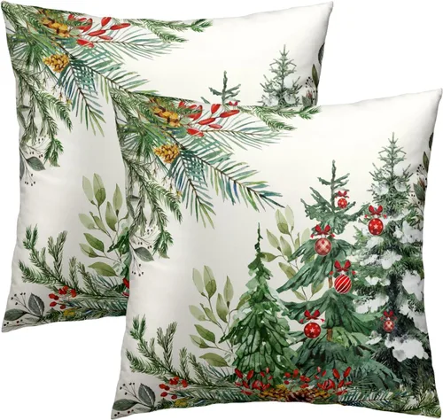 Vista 27 de Fundas de Almohada de Bosque de Pinos 22x22 Juego de 2, Fundas de Almohada Decorativas de Árboles de Abeto y Cedro Verde Nieve Beige de Invierno