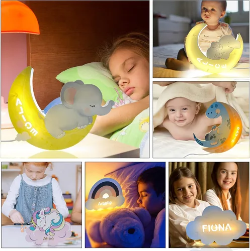 Vista 5 de Luz nocturna personalizada para niños, niñas, niños, lindo diseño de elefante y luna, con nombre grabado, lámpara de pared acrílica, regalos
