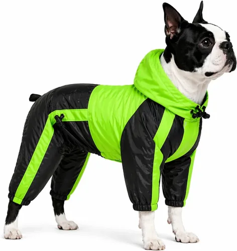 Vista 32 de Ropa para mascotas, abrigo impermeable de nailon para mascotas, chaqueta de lluvia adorable con capucha perfecta para razas de perros pequeños, Verde