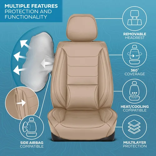 Vista 4 de MotorBox Meridian Series - Fundas de asiento de piel napa, fundas clásicas de asiento delantero, de piel sintética de alta calidad, color beige