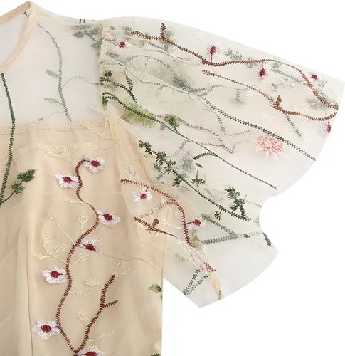 Vista 5 de QIGUANDZ Vestido de cóctel retro con bordado floral de malla para mujer, ilusión de los años 50, manga corta, vestido de noche de graduación