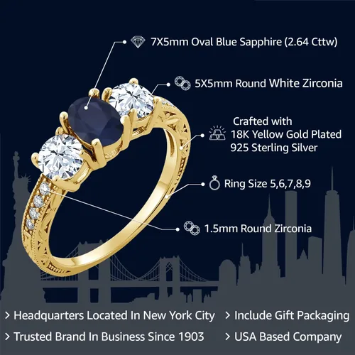 Vista 2 de Anillo de compromiso de 3 piedras preciosas con piedra natal para mujer en plata chapada en oro amarillo de 18 quilates, ovalado de 0.276 x 0.197