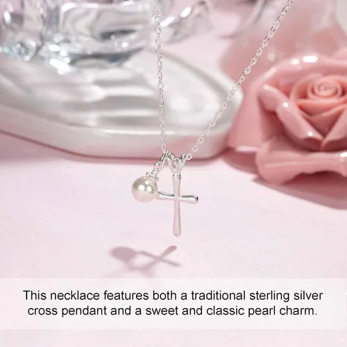 Vista 2 de Collar de plata de ley con cruz para niñas, primera comunión, bautismo, regalos de confirmación para adolescentes, joyas para niñas pequeñas