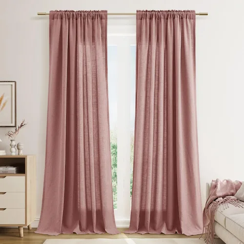 Vista 39 de Cortinas de lino verde aguamarina de 84 pulgadas de largo, juego de 2 paneles semitransparentes con bolsillo para barra para comedor, decoración