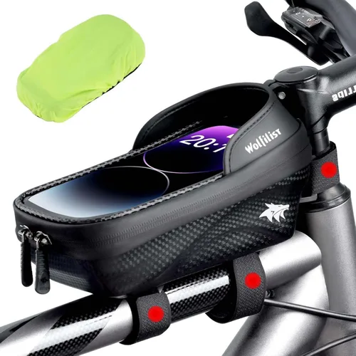 Vista 9 de WOLFILIST Bolsa de bicicleta - Bolsa impermeable para marco de bicicleta con cubierta de lluvia para visera solar, soporte para teléfono