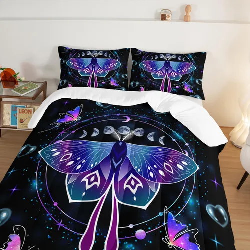 Vista 4 de Juego de edredón de mariposa HOSIMA con 2 fundas de almohada, edredón de galaxia con cielo estrellado lunar, decoración de habitación de mariposas