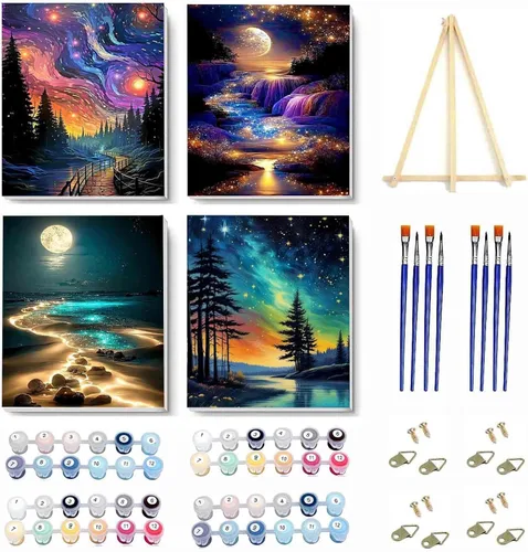 Vista 26 de VIGEGU Paquete de 4 pinturas por números para adultos, lienzo enmarcado, con caballete de madera, pintura por números para niños de 8 a 12 años