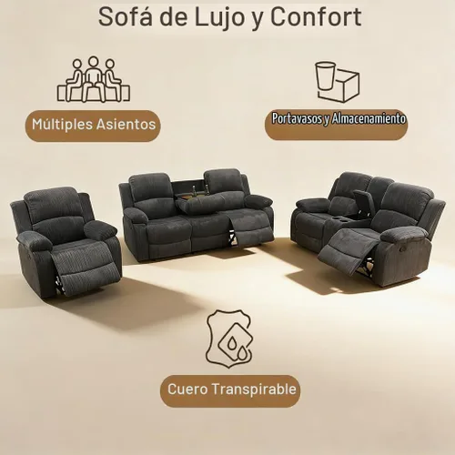 Vista 8 de Juego de sofá reclinable manual de 3 piezas, sofá reclinable de pana para sala de estar Gris oscuro