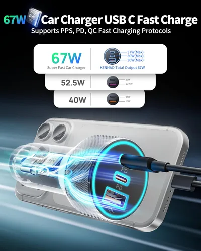 Vista 2 de Cargador de coche tipo C súper rápido de 67 W y 3 puertos USB C para Samsung Galaxy S25 S24 S23 S22 S21 Ultra, iPhone 17/Air/16/15 Pro Max, Android