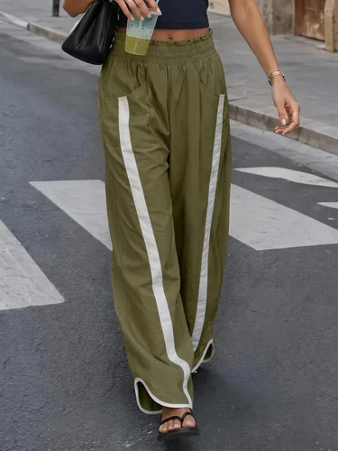 Vista 3 de Fisoew Pantalones deportivos holgados de pierna ancha para mujer, cintura Verde militar
