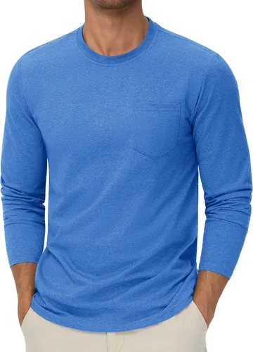 Vista 20 de Cotrasen Camisetas de manga larga para hombre, de algodón, cuello redondo, absorben la humedad, suaves, casuales, con bolsillo
