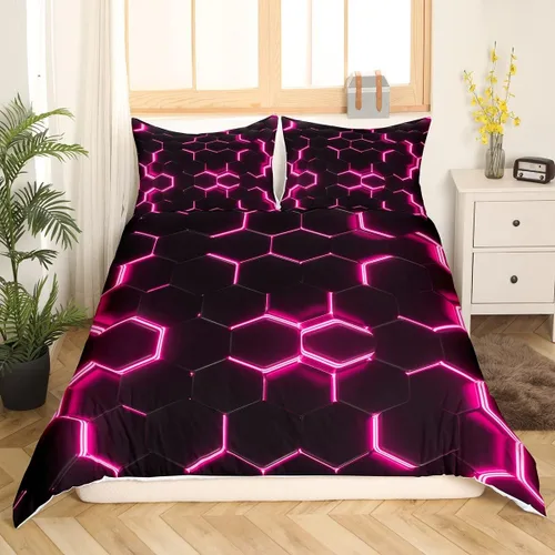 Vista 18 de Funda de edredón de panal para niños, hombres y niñas, juego de ropa de cama moderno con temática geométrica hexagonal, diseño de cuadrícula