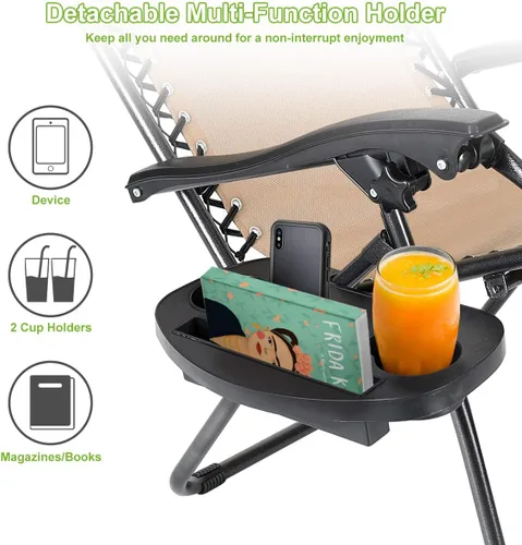 Vista 5 de Juego de 4 sillas reclinables de gravedad cero de malla de acero para acampar al aire libre con reposapiés, ajustable, almohada, bandeja, beige