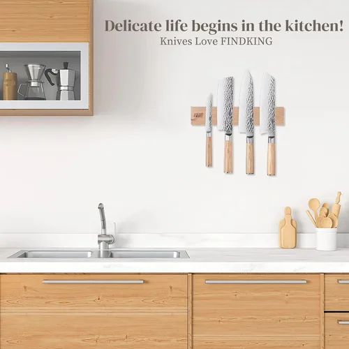 Vista 5 de FINDKING Tira magnética de madera para cuchillos, soporte magnético para utensilios de pared, refrigerador, estante de madera para cuchillos de Beige