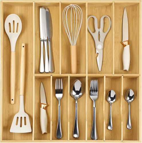 Vista 6 de Fabsome Organizador de cubiertos para cajones de cocina, bandeja de cubiertos de madera de bambú de 2.5 pulgadas de profundidad y 12.8 pulgadas