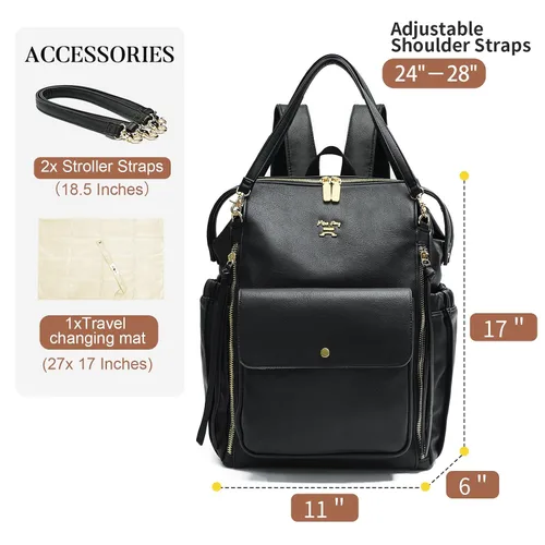 Vista 4 de Miss Fong Mochila de cuero para pañales - Bolsa de pañales para bebé con 13 bolsillos, cambiador, correas para cochecito, 4 bolsillos aislados Negro