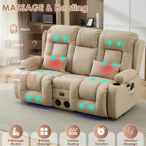 Vista 5 de TUNYI Wall Hugger - Sofá reclinable con consola, sofá biplaza reclinable eléctrico para autocaravana con masaje y Beige