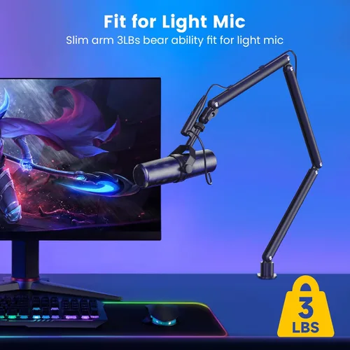 Vista 6 de Brazo de micrófono ajustable para micrófonos ligeros, soporte de escritorio giratorio de 30 pulgadas con gestión de cables y hilos de 3/8 pulgadas