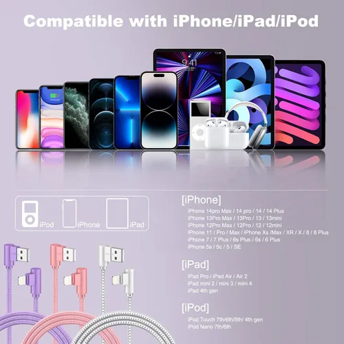 Vista 7 de Cargador para iPhone, 3 unidades de 10 pies, cables USB A a Lightning de 90 grados, certificado MFi, cable de carga rápida trenzado de nailon