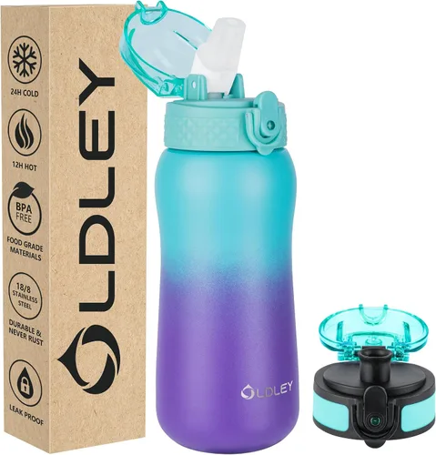 Vista 10 de Botella de agua aislada Oldley de 12 oz con pajita, botella de agua de acero inoxidable con 2 tapas, botellas de doble pared con vacío para adultos