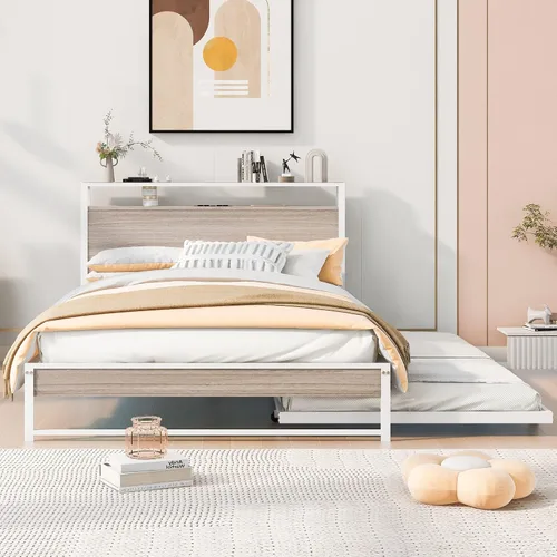Vista 8 de SOFTSEA Marco de cama de plataforma de metal de tamaño matrimonial con nido, puertos USB con cabecera de almacenamiento de madera, cama de panel