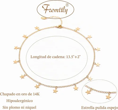 Vista 5 de Collares de gargantilla chapados en oro de 14 quilates/plata, con dije de disco, collares de gargantilla con colgante de estrella y corazón Estrella