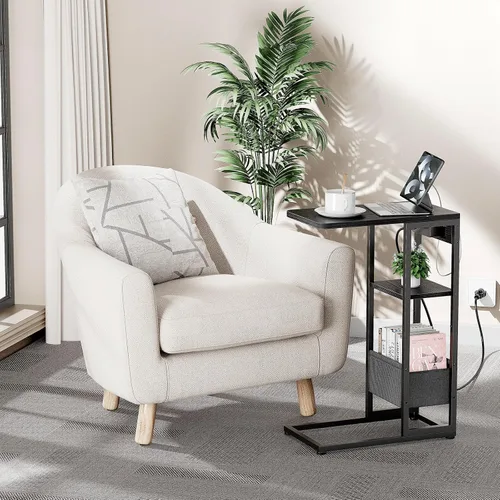 Vista 2 de Mesa auxiliar en forma de C con estación de carga, mesa lateral pequeña para sofá reclinable, mesas de aperitivos deslizables debajo del sofá