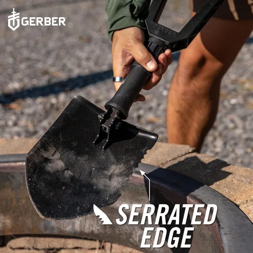 Vista 6 de Gerber Gear E-Tool - Pala plegable para campamento, borde de hoja dentada y mango de nailon relleno de vidrio, 2 pies, color negro