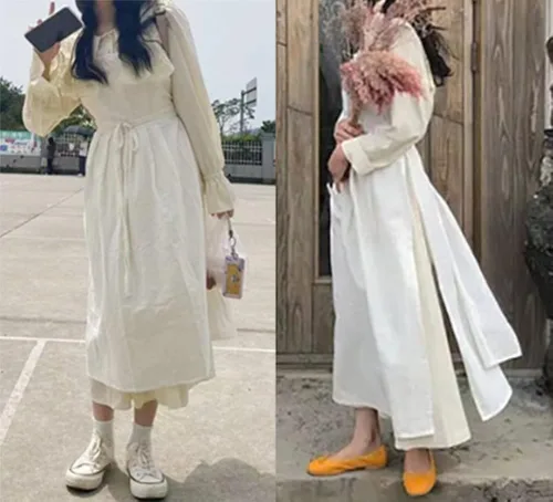 Vista 9 de Vestido estilo pinafore de algodón con cuello en V y cuello en V para mujeres y niñas