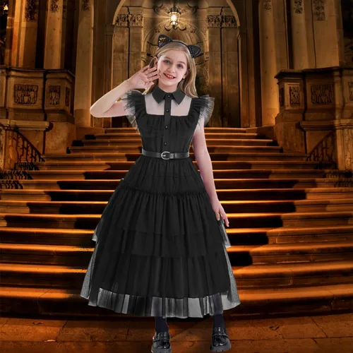 Vista 7 de juskid Wednesday Addams Disfraz Niñas Niños Vestido Halloween Disfraces Niñas Miércoles Regalos Merlina Negro Princesa Vestir