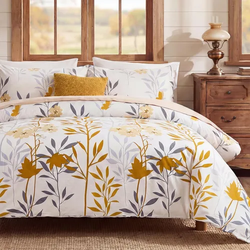 Vista 23 de Juego de edredón floral azul tamaño Queen, juego de ropa de cama botánica azul 100% algodón, edredón suave transpirable de 3 piezas y 2 fundas