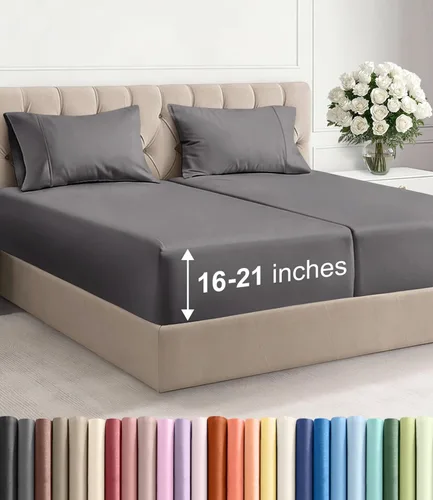 Vista 21 de Juego de sábanas tamaño Queen con bolsillos extra profundos, sábanas transpirables y refrescantes de 4 piezas, ropa de cama de lujo para hotel