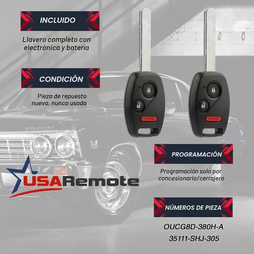 Vista 3 de Llavero de control remoto de entrada sin llave compatible con Honda Fit 2008 / Honda Odyssey 2005-2010 / Honda Ridgeline 2006-2014 (OUCG8D-380H-A)