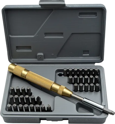 Vista 22 de Juego de 27 sellos de acero resistente con letras mayúsculas de 3/64" 1mm, kit de punzones de alfabeto para estampado a mano de caracteres, código