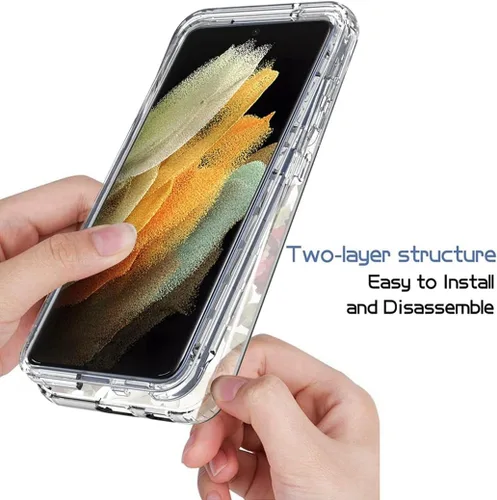 Vista 4 de Funda para Galaxy S21 Ultra 5G SM-G998U con protector de pantalla de vidrio templado, bonito patrón floral transparente, funda protectora de cuerpo