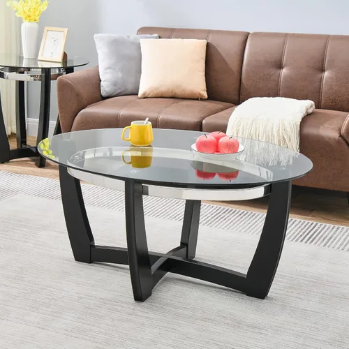 Vista 2 de KFZ1331 - Mesa auxiliar de cristal con base de madera maciza para sala de estar, mesa central ovalada, resistente y moderna, 43.3 pulgadas de largo