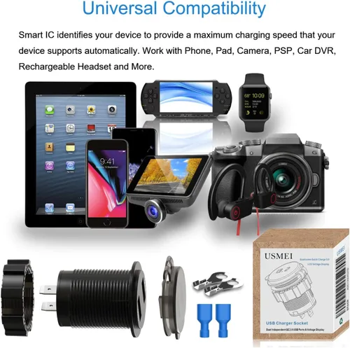 Vista 7 de Enchufe de cargador USB QC3.0 dual con voltímetro, 36W impermeable de carga rápida 3.0 adaptador de toma de corriente con medidor de voltaje para 12