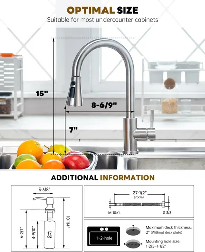 Vista 5 de Grifos de cocina con dispensador de jabón, grifo de cocina de níquel cepillado con rociador extraíble, 3 modos, grifos de fregadero de cocina