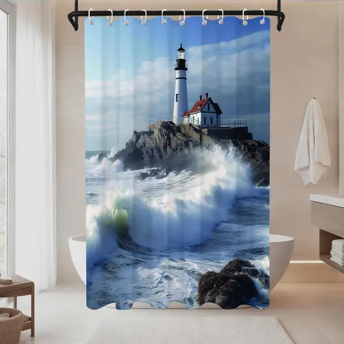 Vista 9 de Cortina de ducha con diseño de océano azul, faro, náutico, costero, escénico, naturaleza, rock, blanco, juego de decoración de baño, lavable a