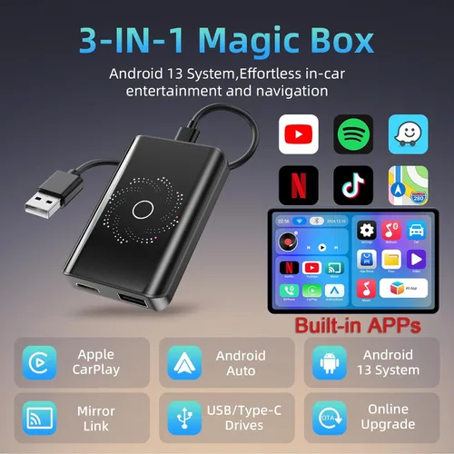 Vista 2 de AI Box - Adaptador inalámbrico CarPlay y automático, Plug & Play, WiFi de doble banda, Bluetooth 5.4, soporte de video 4K, sistema Android 13.0