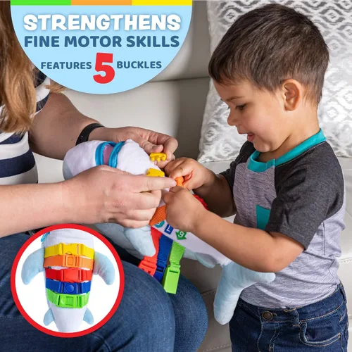 Vista 2 de Buckle Toys - Peluche de tiburón Bruce - Juguete de viaje Montessori para niños pequeños - Desarrolla habilidades motoras y resolución de problemas
