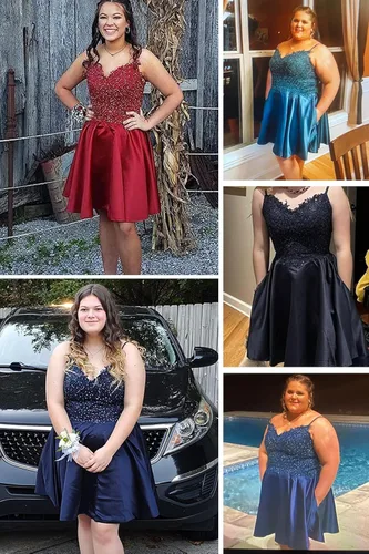 Vista 5 de Tianzhihe Vestidos cortos de encaje para adolescentes, vestidos de satén con cuello en V y tirantes delgados, vestidos de cóctel formales