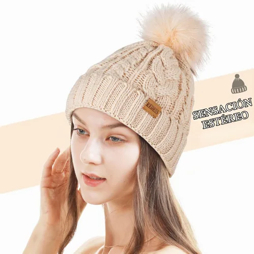 Vista 2 de Redess Gorro de invierno con pompón y forro polar cálido, grueso y holgado, tejido, para la nieve, para esquiar, para mujer Beige